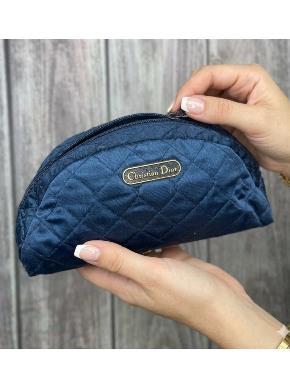 CHRISTIAN DIOR Vintage Quilted Satin Cosmetic Pouch Case Clutch Blue VTG 80s/90s